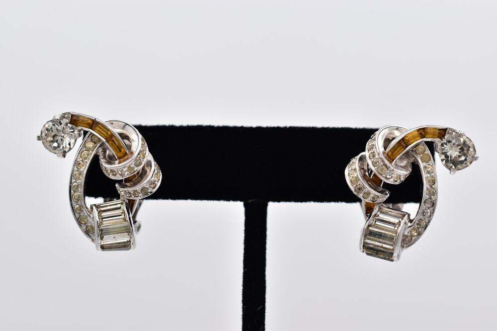 Vintage Mazer Rhinestone Clip On Earrings Clear Amber Baguette Signed Rare BinBB